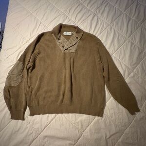 Olive Green Orvis Cotton Sweater with Shawl Henley Collar
